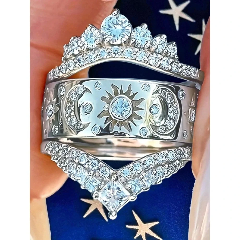 New sz 8 Trio ring set 3 pcs Silver Sun Moon Crown Ring Fashion Celestial